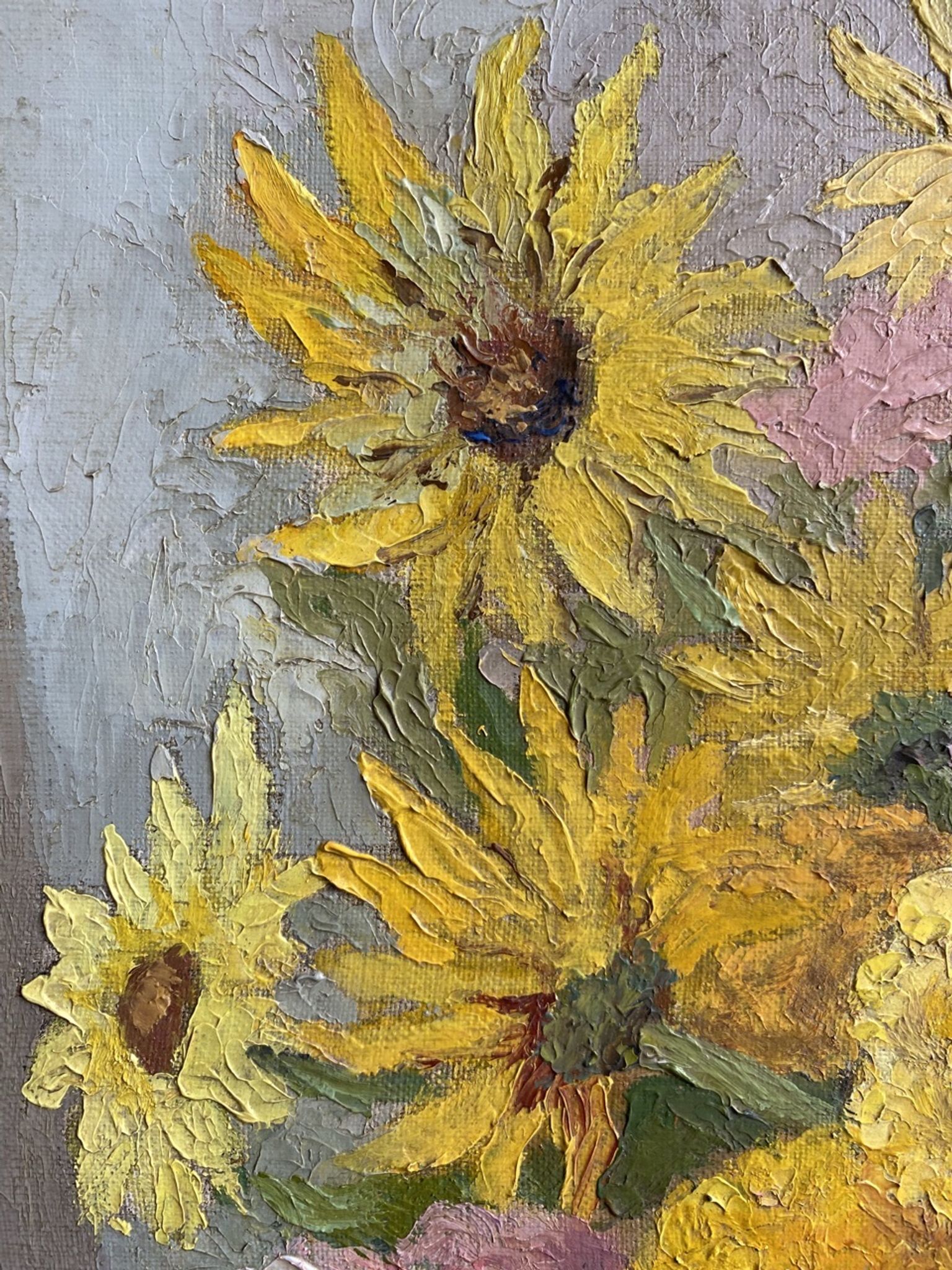 Antique painting, still life with blue vase and flowers, mid-20th century