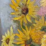 Antique painting, still life with blue vase and flowers, mid-20th century