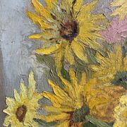 Antique painting, still life with blue vase and flowers, mid-20th century
