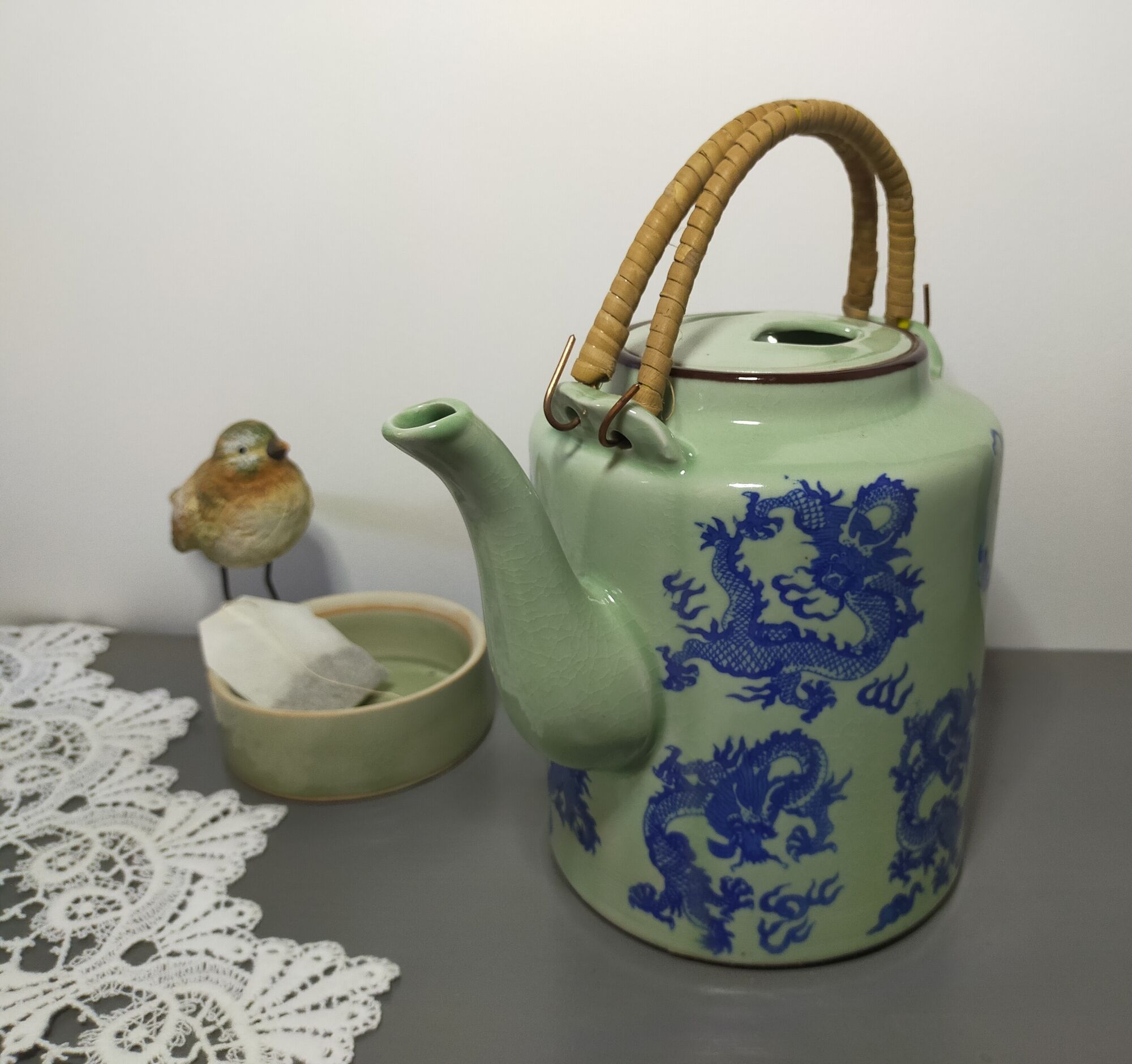 rare green celadon teapot ancient dragons or phoenix decoration with glaze and wicker handles signed /th