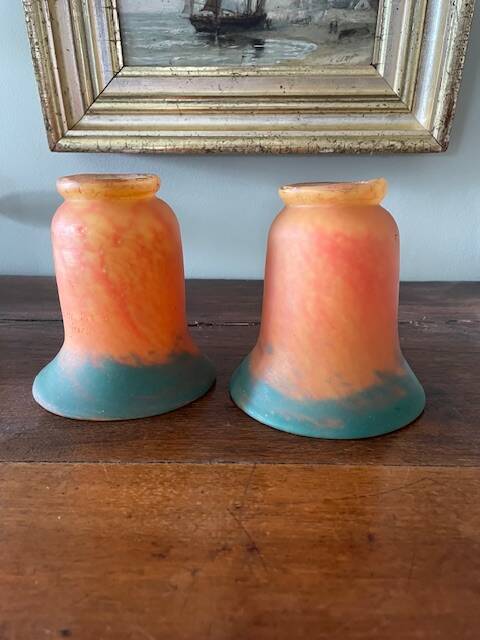 Set of 2 glass paste tulips, signed "art glass of France"