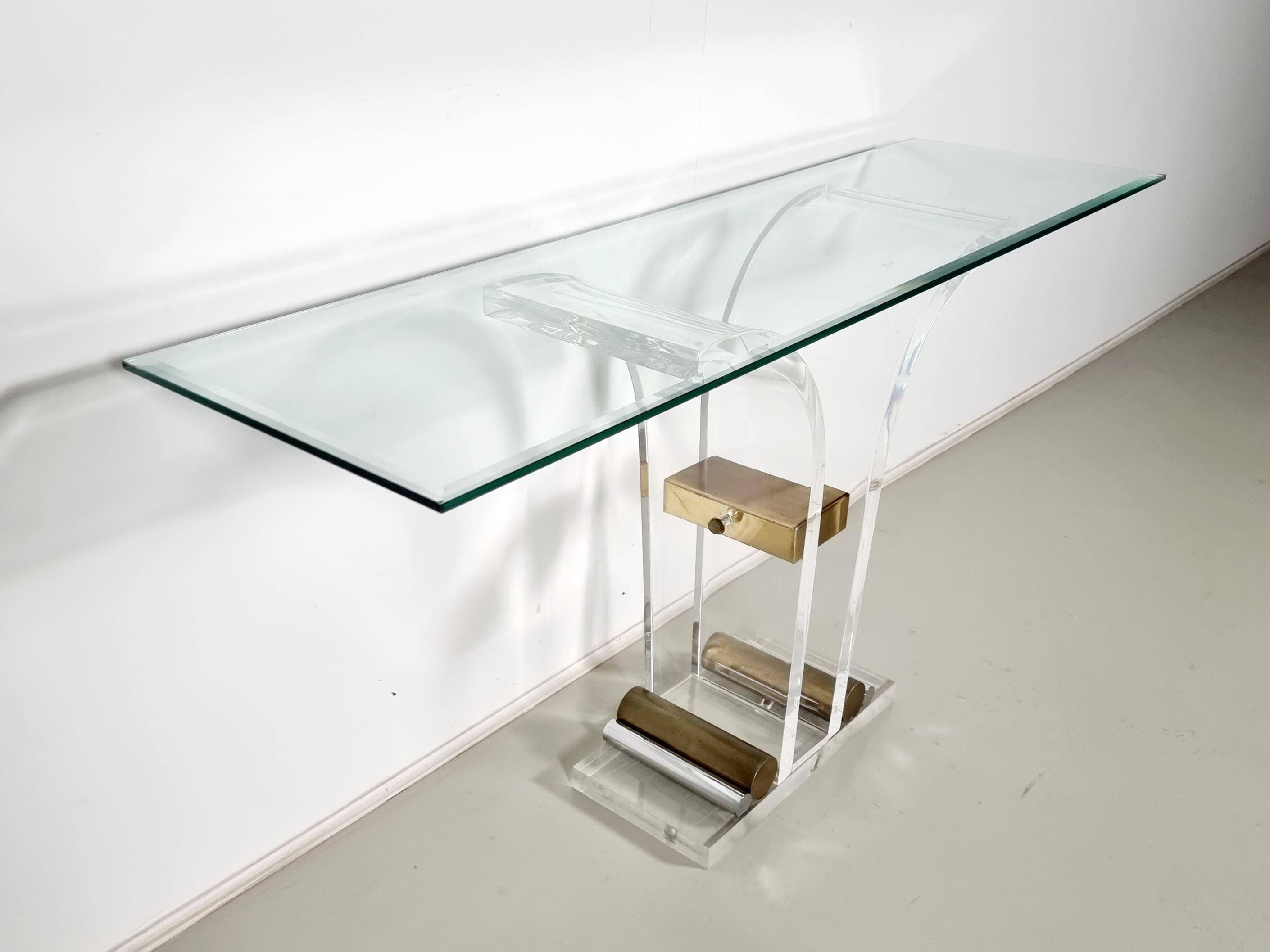 Console table by Charles Hollis Jones in lucite, brass, and glass, 1970.