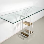 Console table by Charles Hollis Jones in lucite, brass, and glass, 1970.