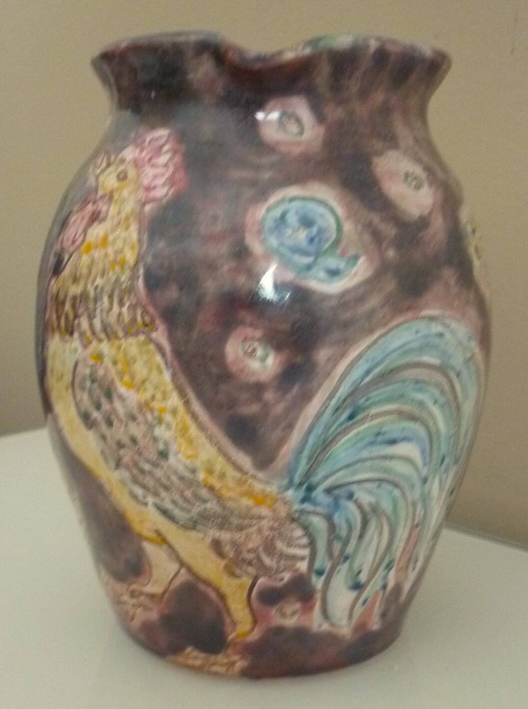 Rooster pitcher vase, glazed ceramic signed Jeanne Azambourg, Le Clos De Joye, 1960s