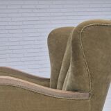 1960s, Danish relax armchair, green furniture velour fabric, oak wood.