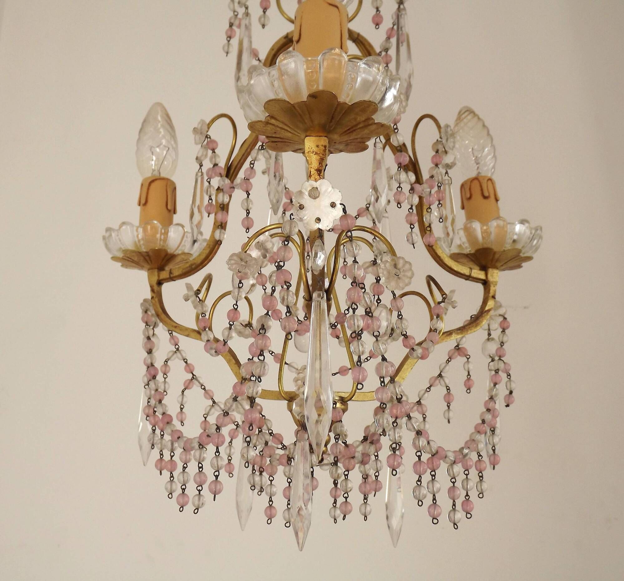 French gilt bronze three-light cage chandelier with pink and clear beaded swags.