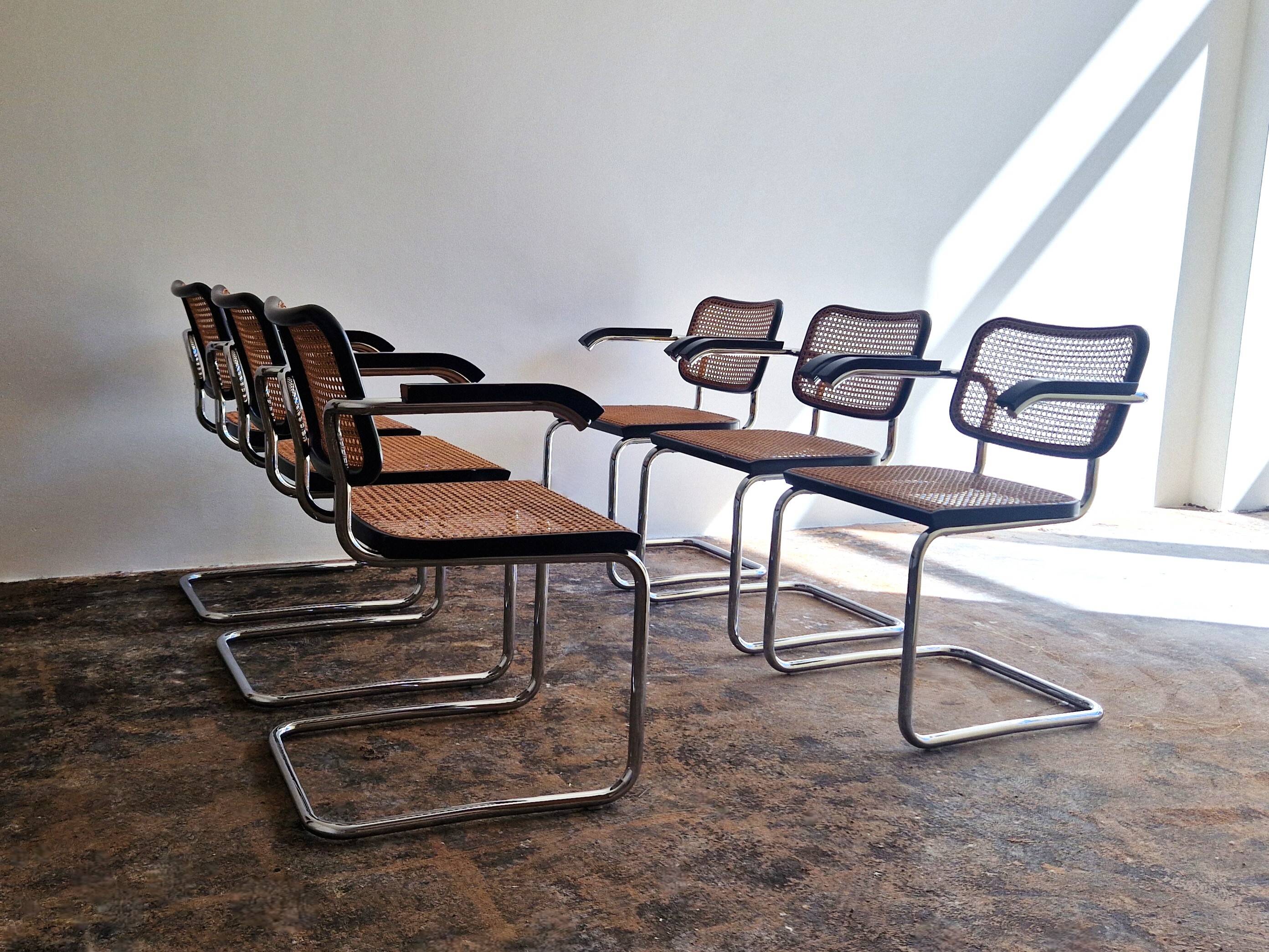 Set of 6 'Cesca' Chairs with armrests by Marcel Breuer produced by KnollStudio