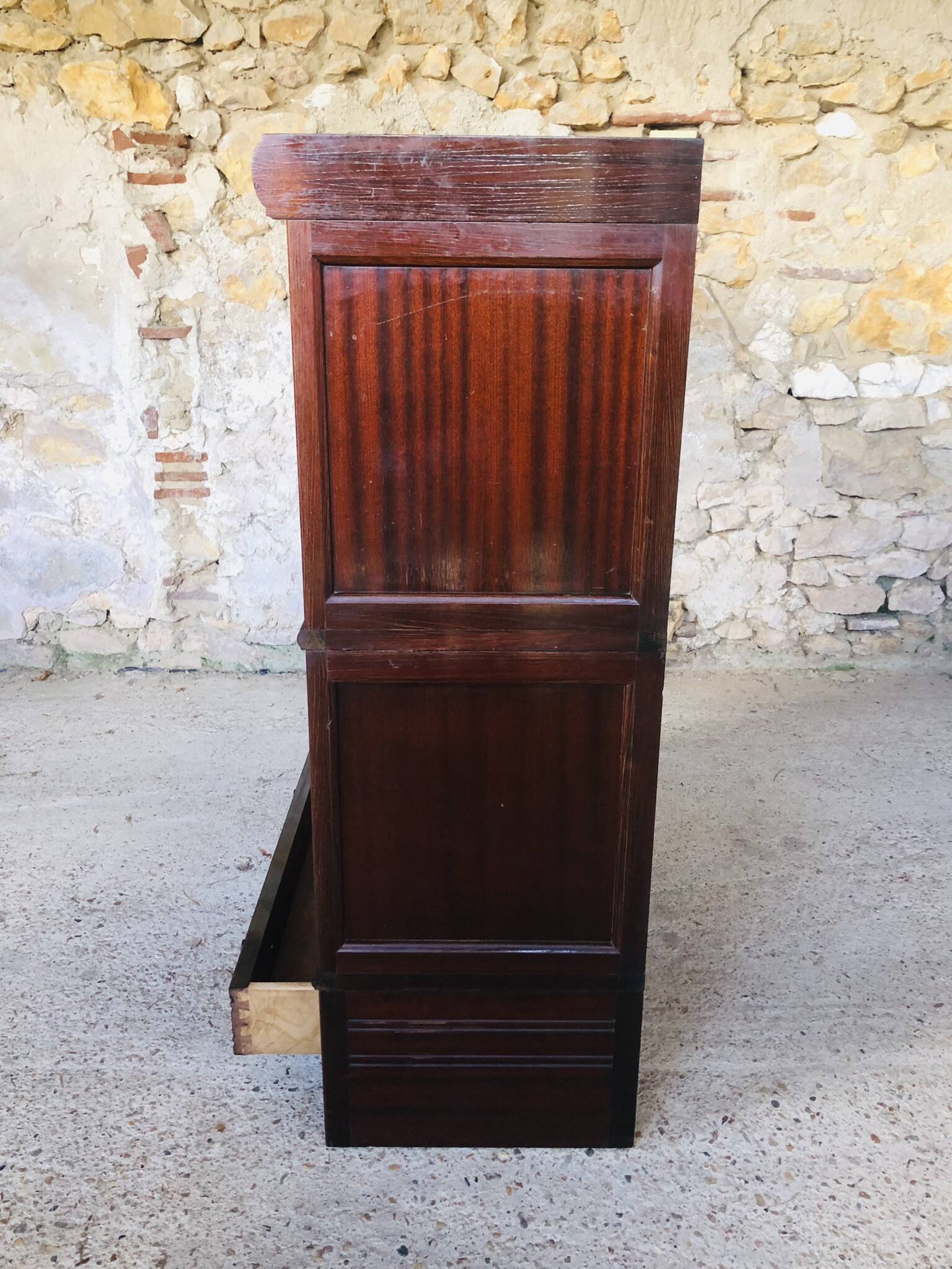 Vintage mahogany avocado bookcase with overhead glass doors circa 40's/50's