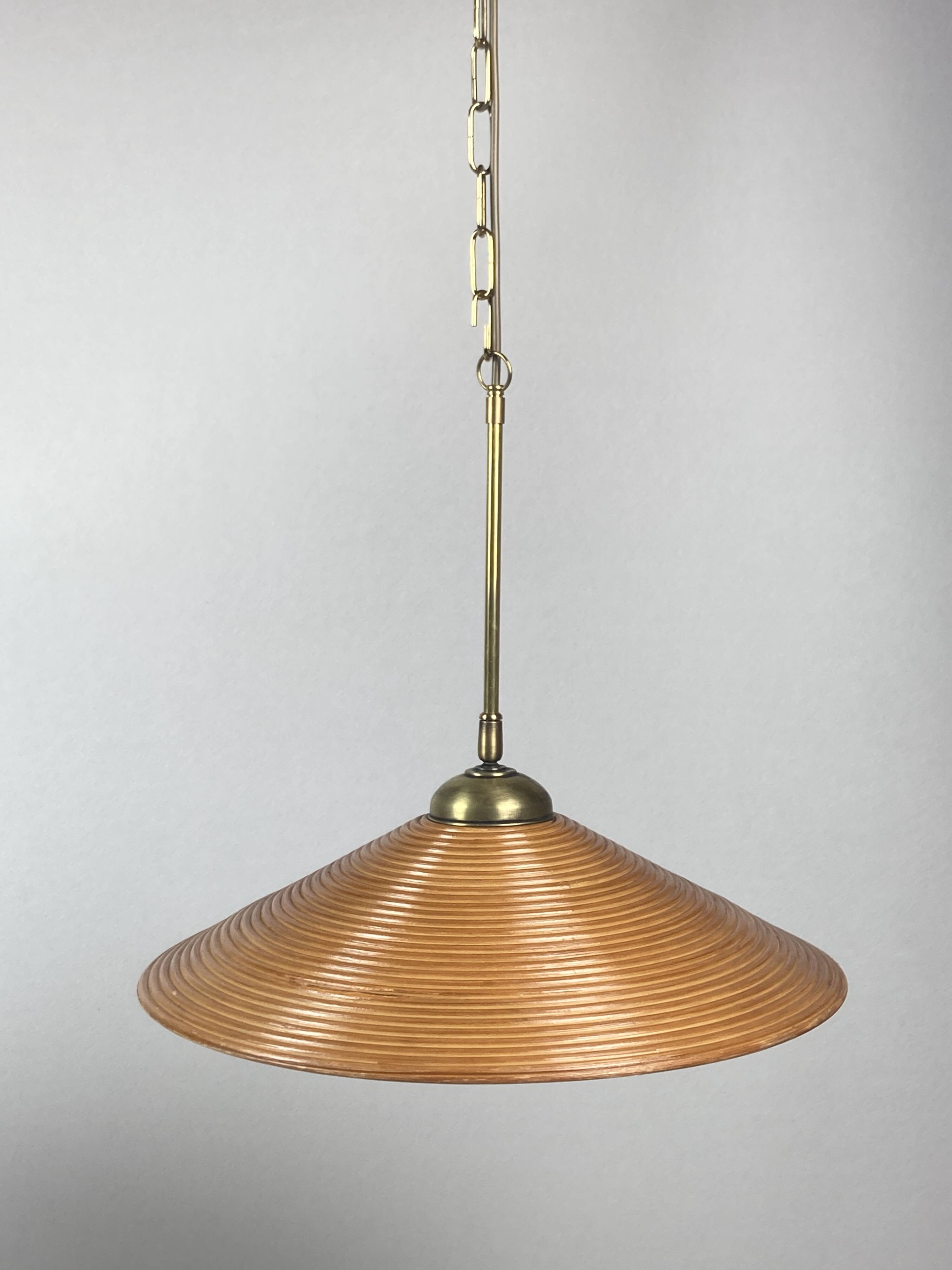 Lampe à Suspension Pencil Split Reed, Rotin, Bambou et Laiton, Italie, années 1970