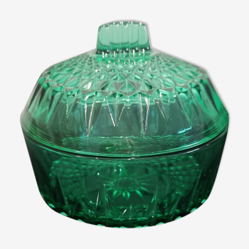 Bonbonnière ou sucrier Arcoroc vert émeraude verre facetté années 60