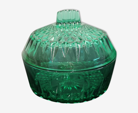 Bonbonnière ou sucrier Arcoroc vert émeraude verre facetté années 60