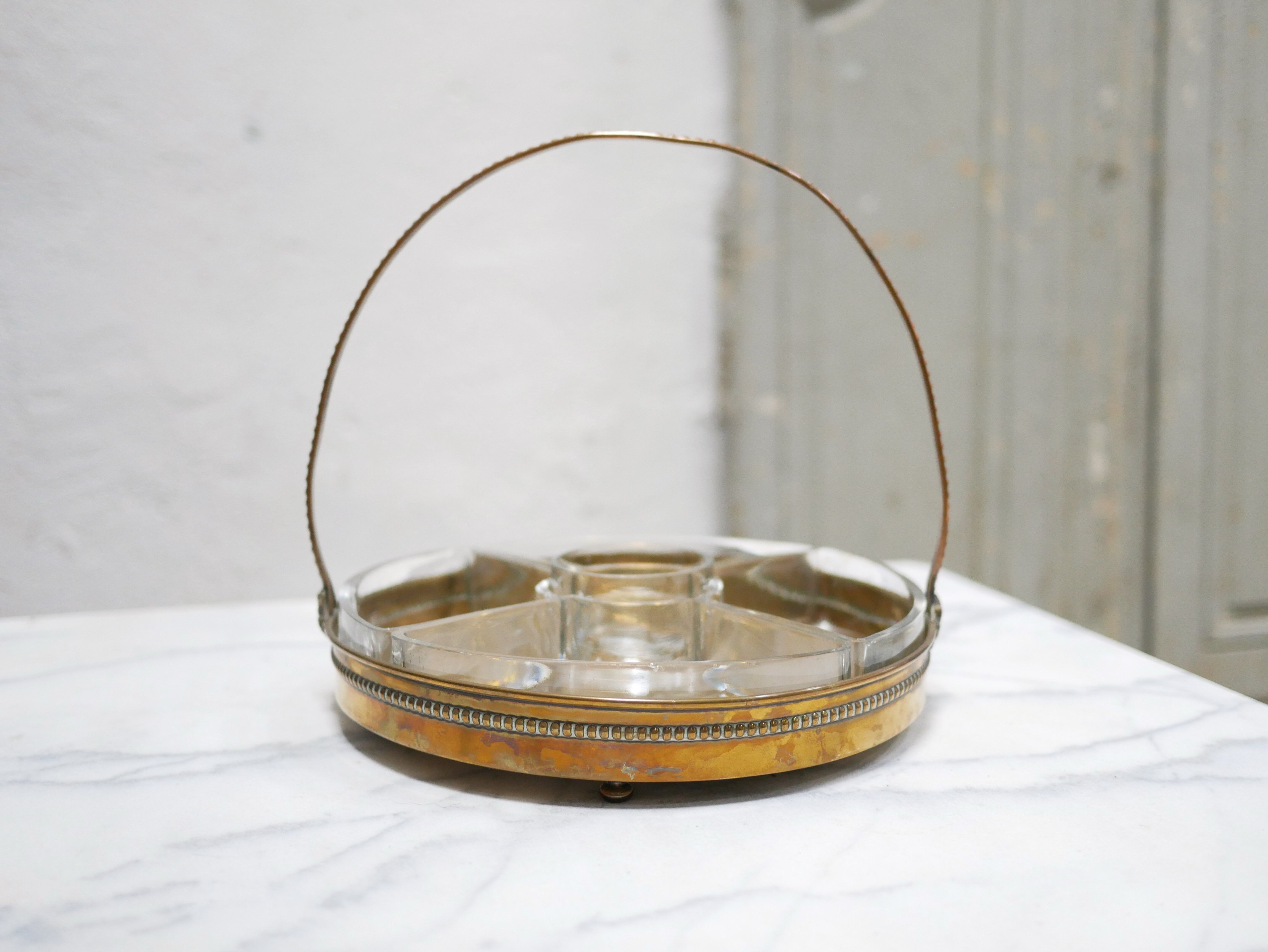 Vintage aperitif serving tray in brass and glass