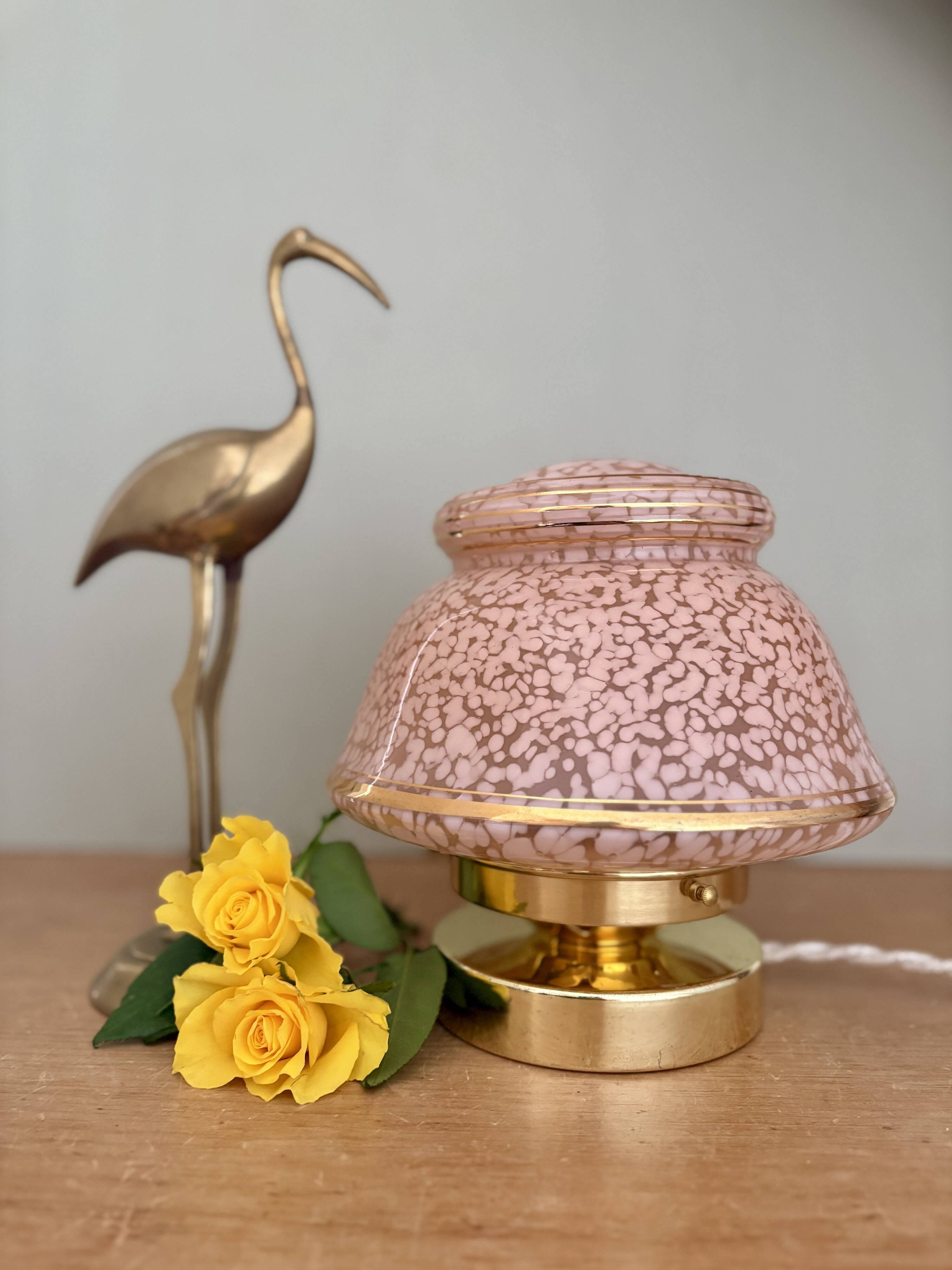 Antique art deco globe table lamp in pink and gold Clichy glass
