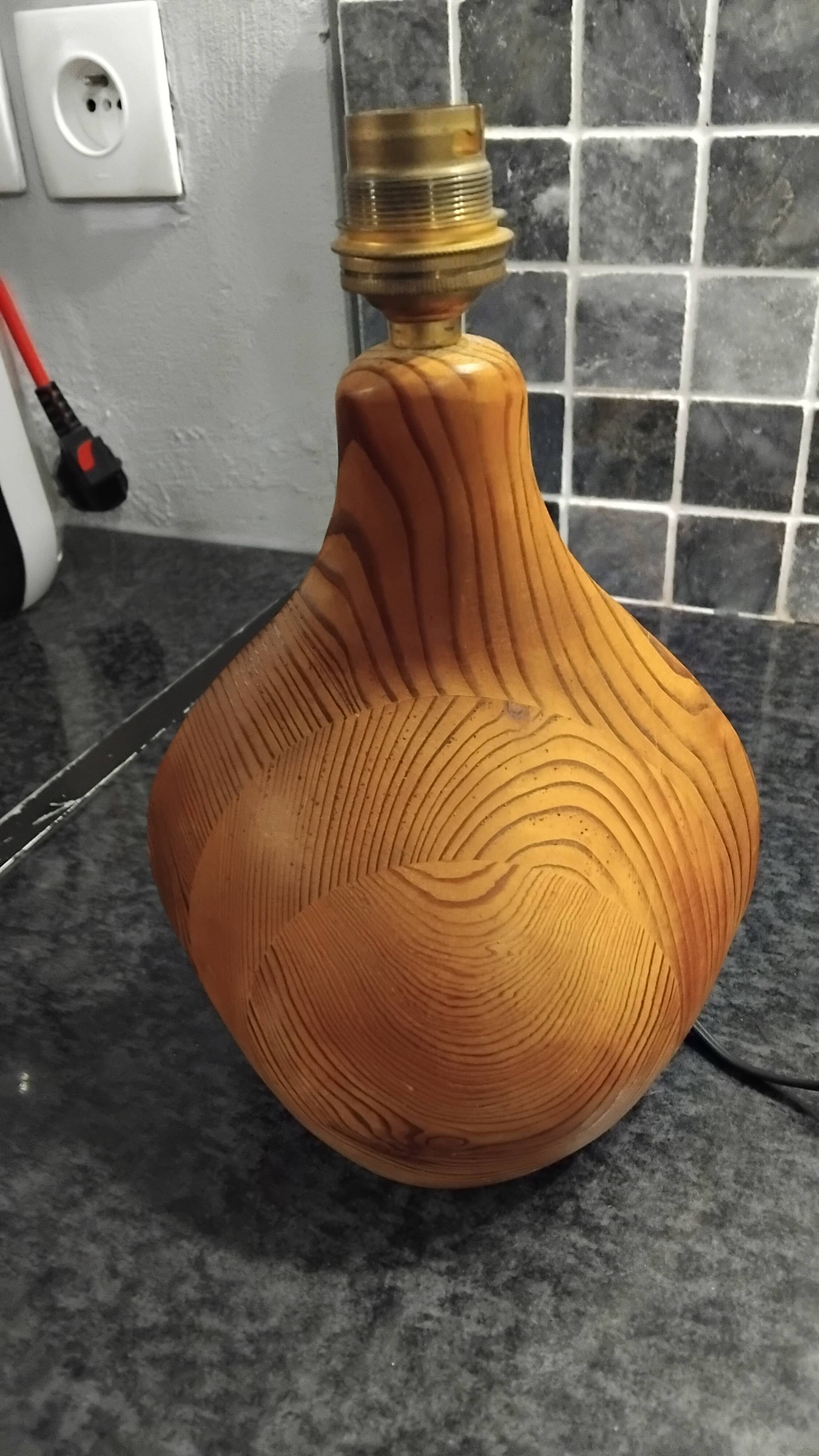 Vintage Scandinavian wooden bedside table lamp from the 1960s, signed