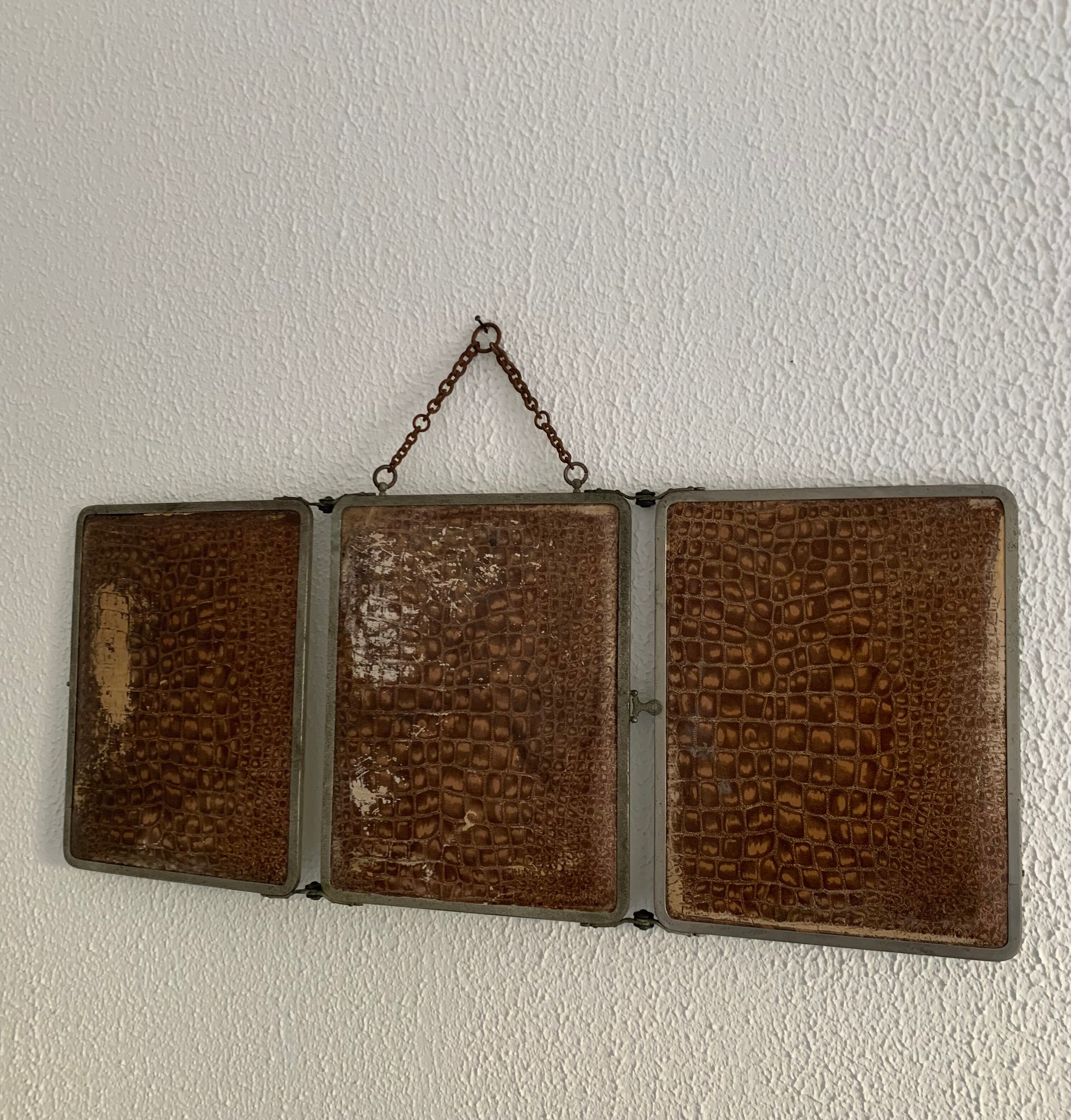 Mirror triptych barber imitation crocodile brown vintage 1930 - 27 x 66 cm
