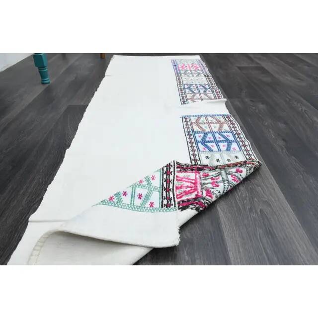1970s Vintage Turkish Handwoven Wool Cotton White Runner Rug 69x215