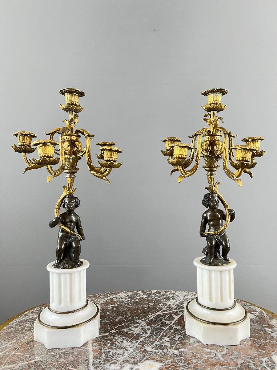 Pair of bronze and marble candelabra, Napoleon III period