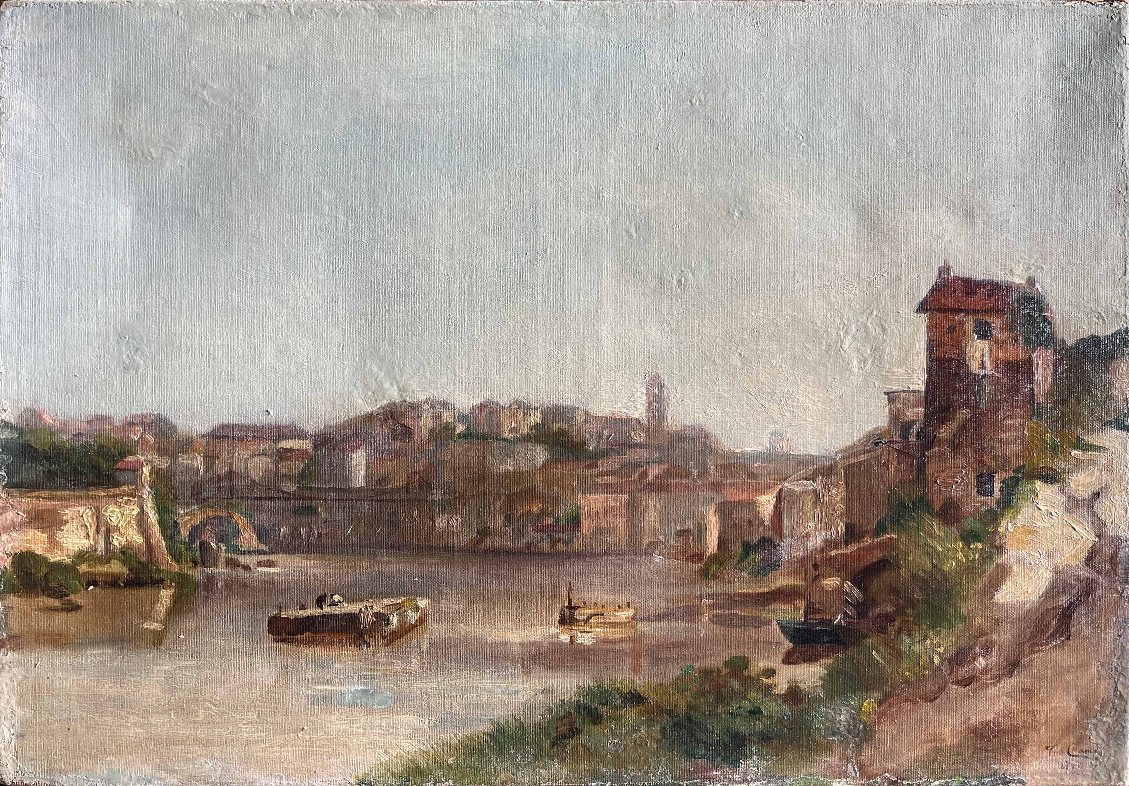 Tableau HST fin XIX° Italie ? Paysage à la rivière signé pour restauration