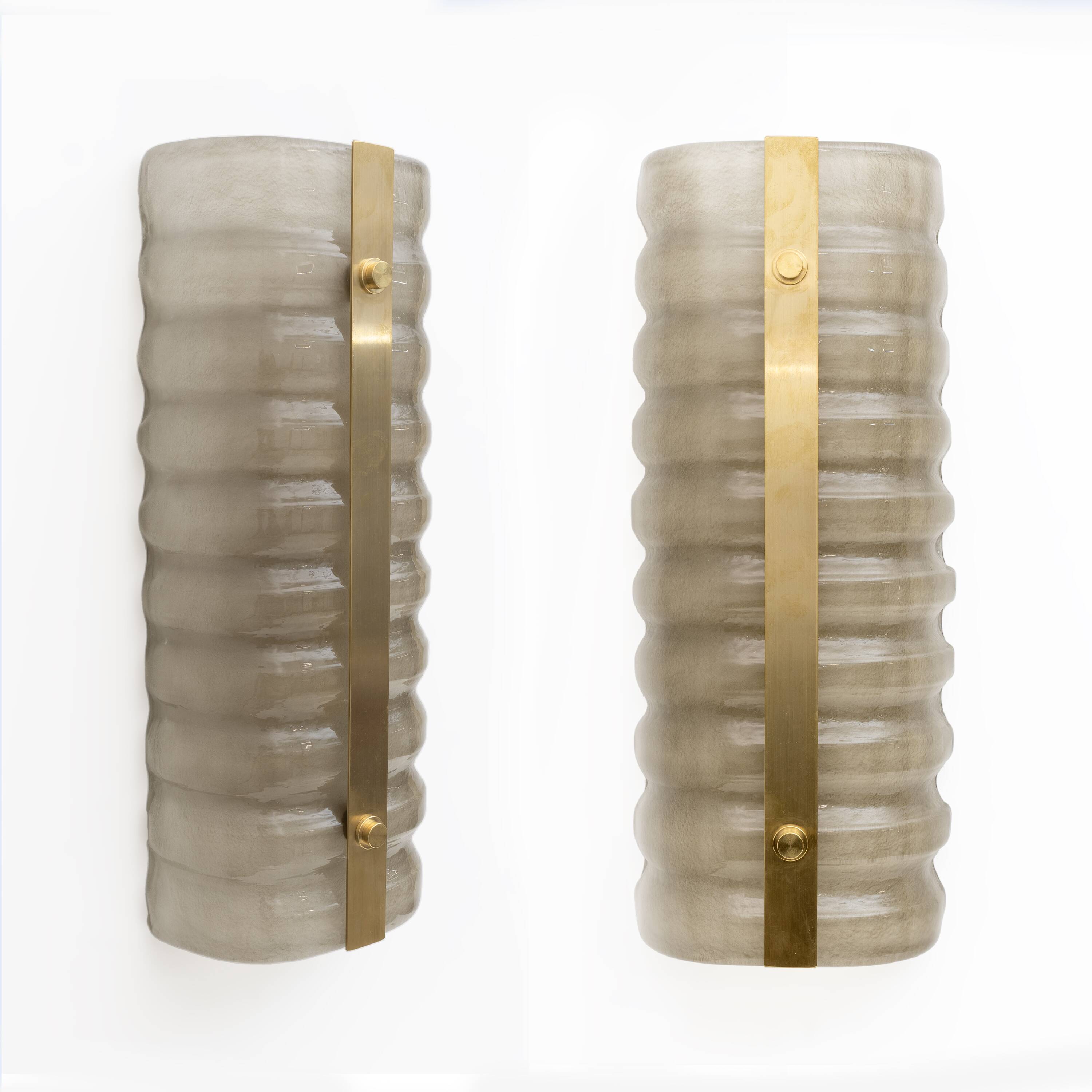 Pair of Modern Italian Brass and Smoke Murano Glass Wall Sconces