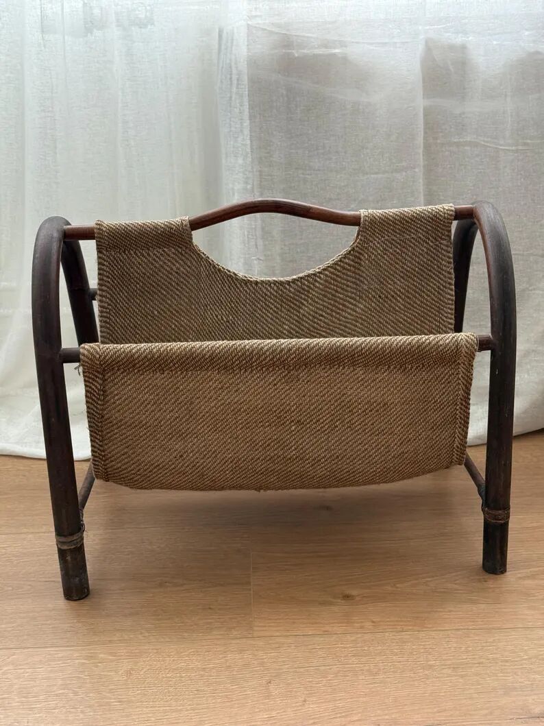 porte-revues vintage en rotin et jute | style bohème des années 50 | années 1970