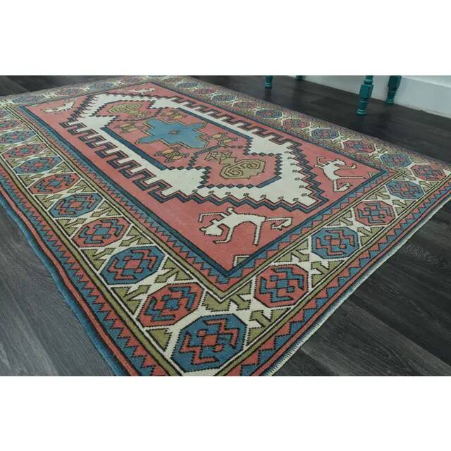 1970s Vintage Turkish Oushak Handmade Wool Cotton Pink Area Rug 151x225