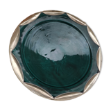 Round oriental hollow dish in deep green ceramic and silver colored metal