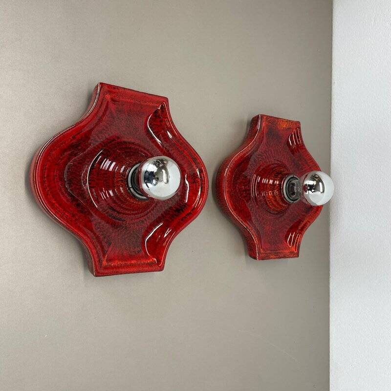 Red ceramic fat lava wall lamps by Hustadt Lights, Germany, 1970s, set of 2