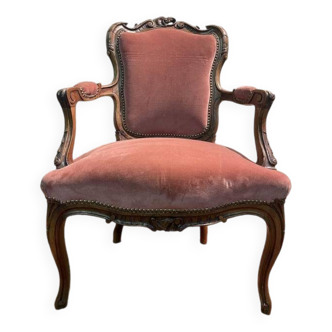 Fauteuil cabriolet de style Louis XV  velours rose