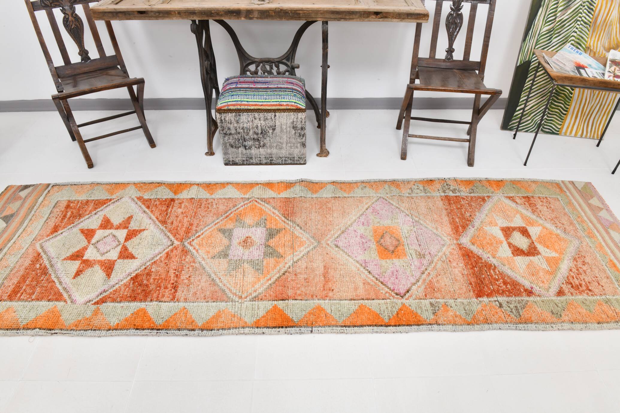 3x10 Orange & Beige Persian Vintage Runner Rug, 94x317Cm SK 22040