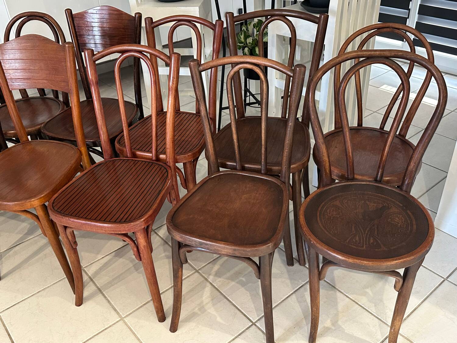 Set of 12 mismatched bistro chairs Thonet, Baumann, Fischel 1930