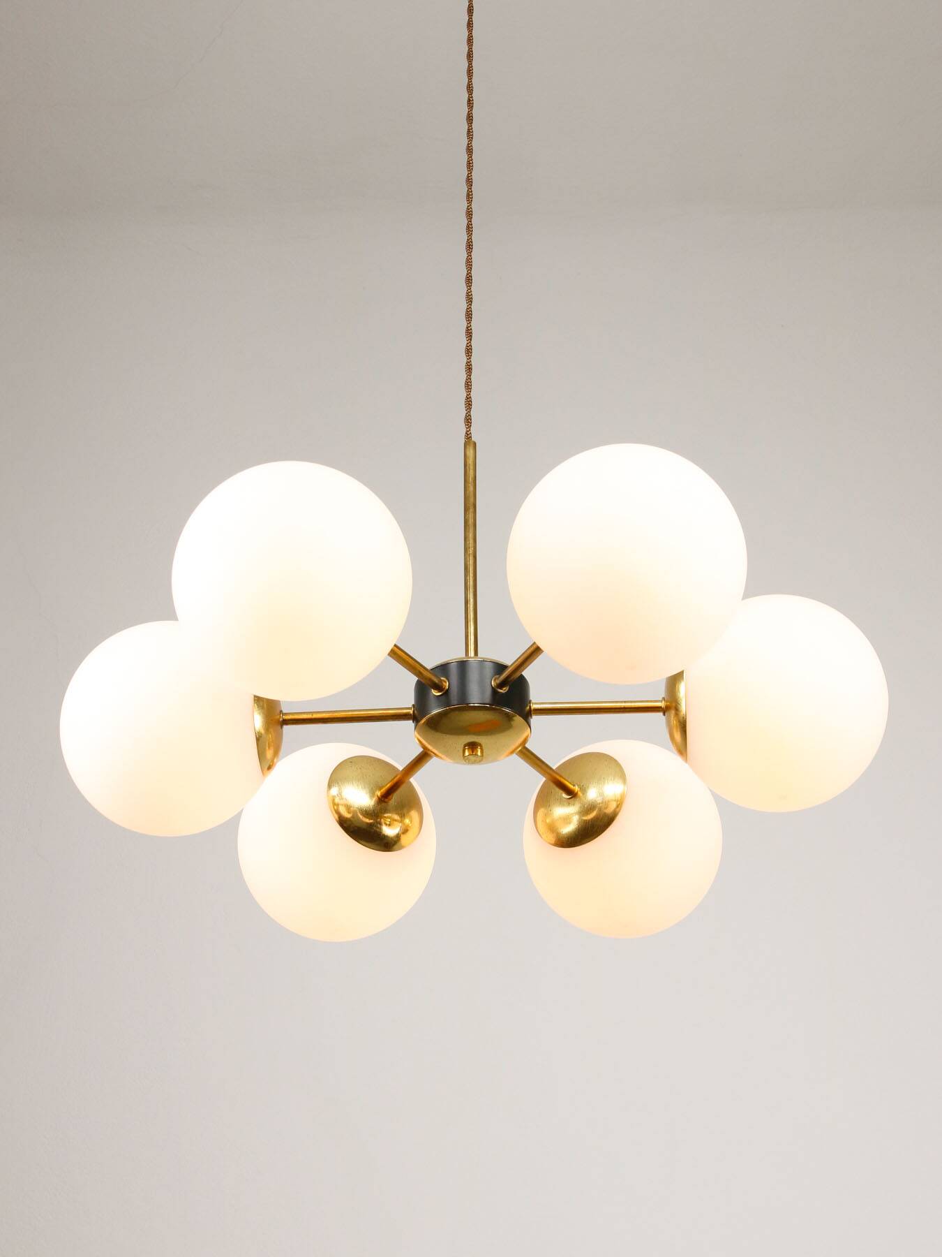 Mid-Century Modern Italian 6-Arm Sputnik Chandelier with Opaline Shades, 19