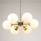 Mid-Century Modern Italian 6-Arm Sputnik Chandelier with Opaline Shades, 19