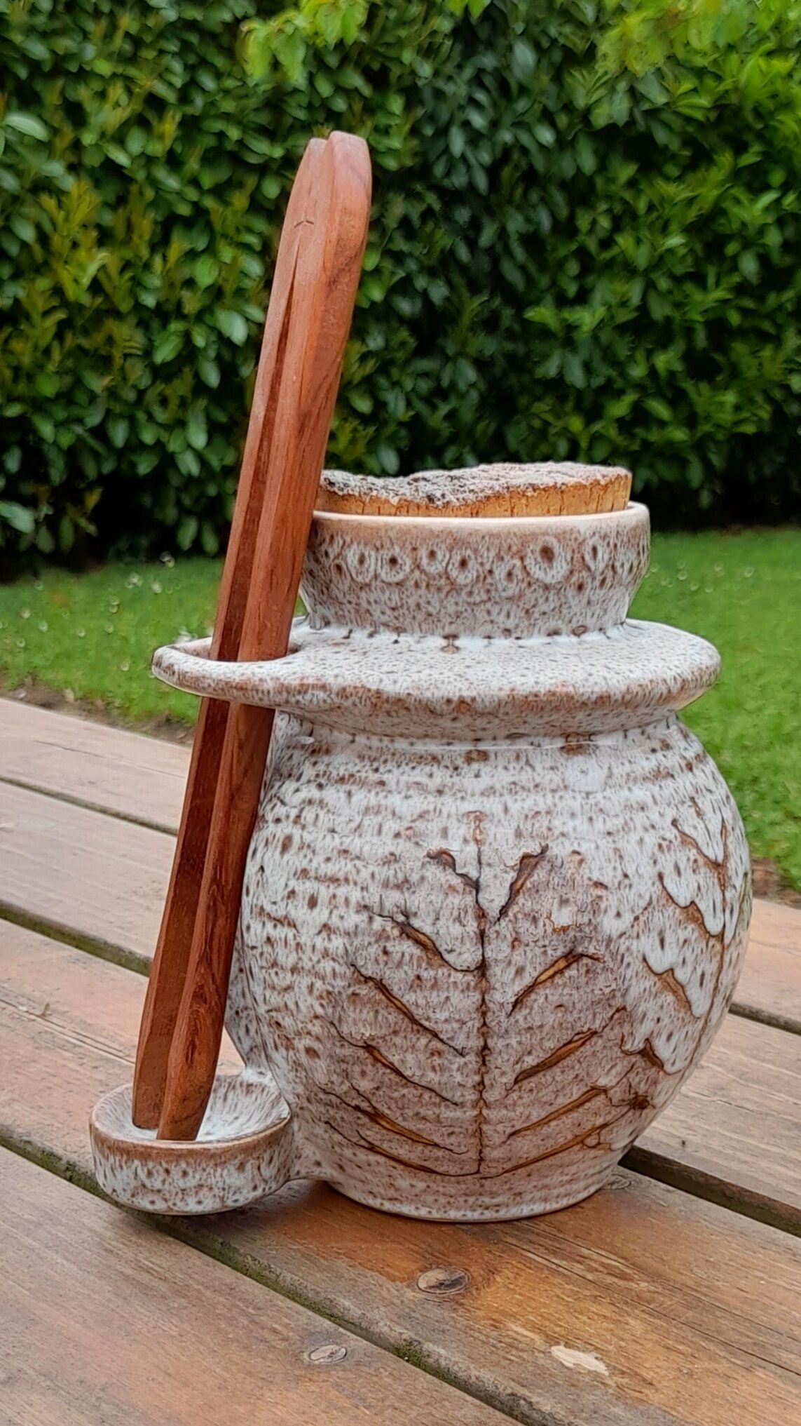 Pickle pot with pliers, varnished leaf pattern, 60's years