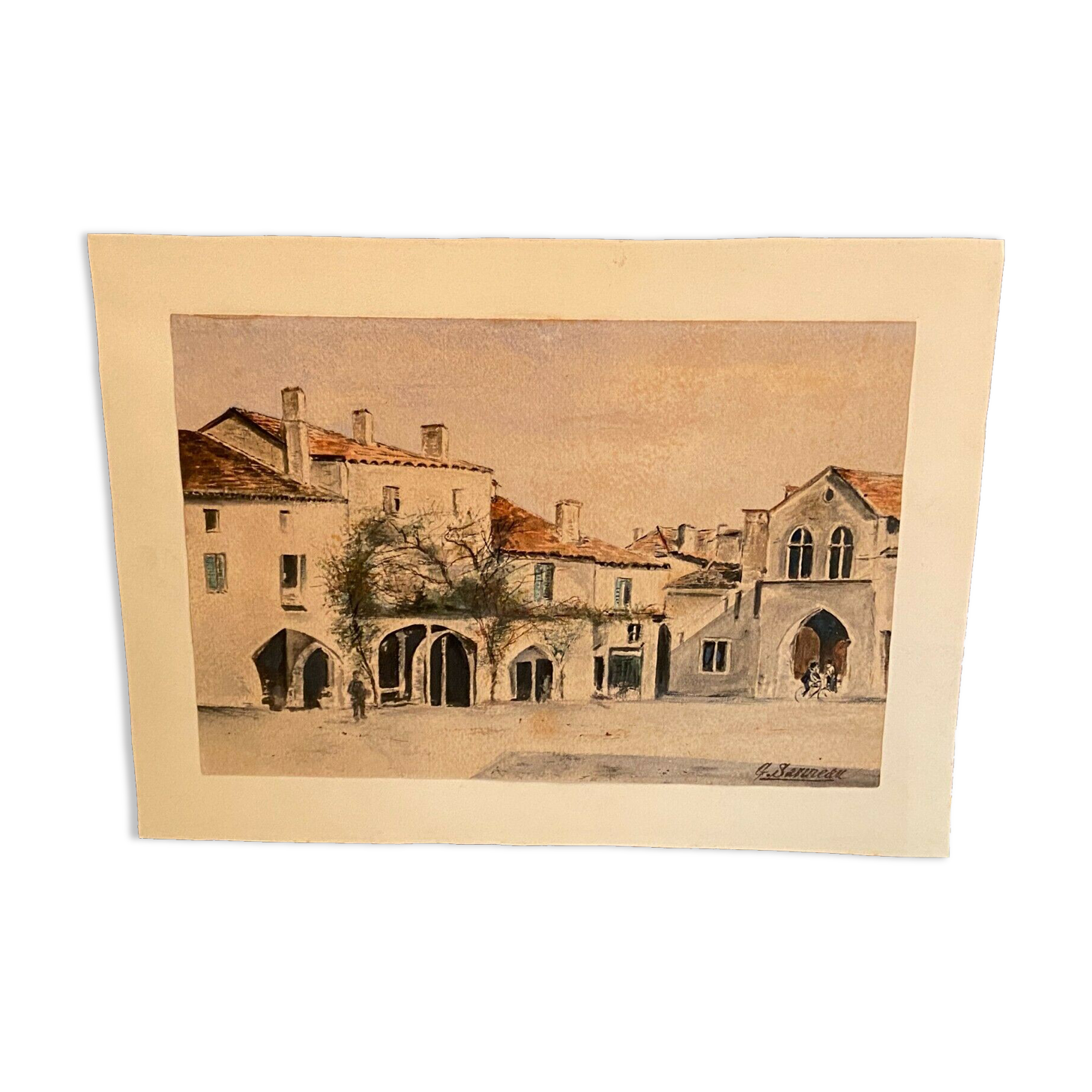 Watercolor signed Sarineau representing a view of a village