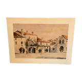 Watercolor signed Sarineau representing a view of a village