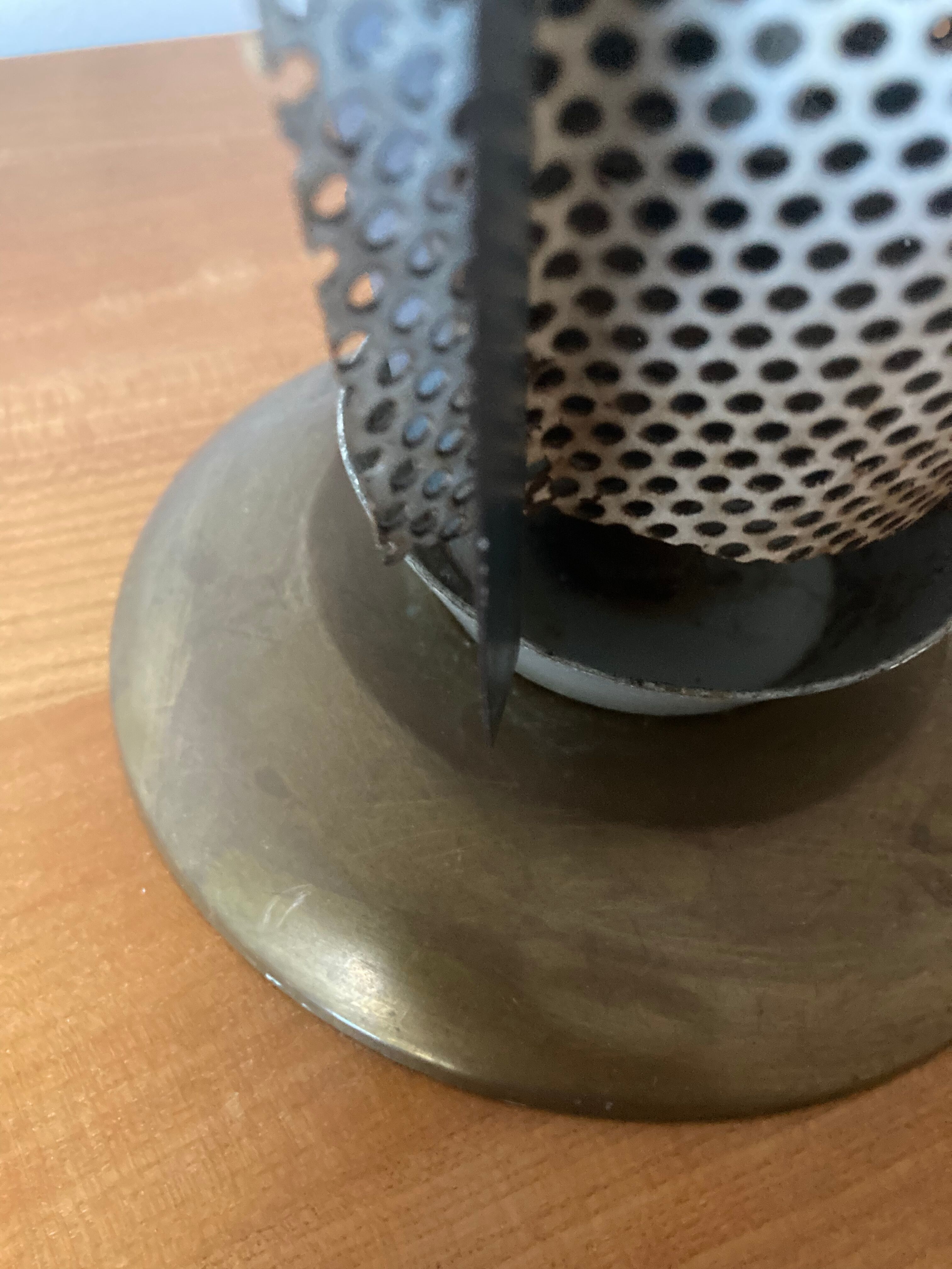 1950 umbrella stand, perforated sheet metal and brass