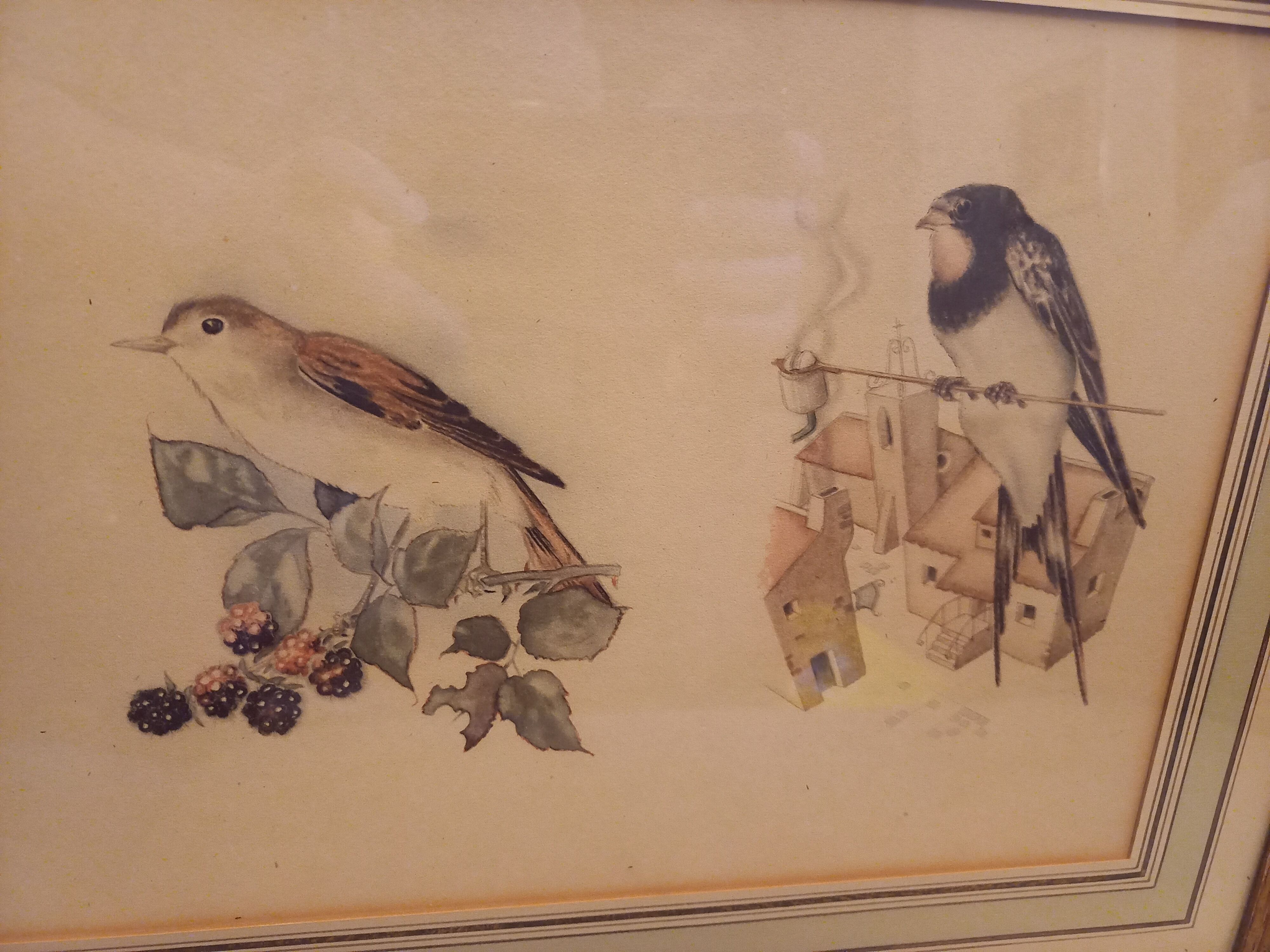 Lot 2 watercolors ancient birds