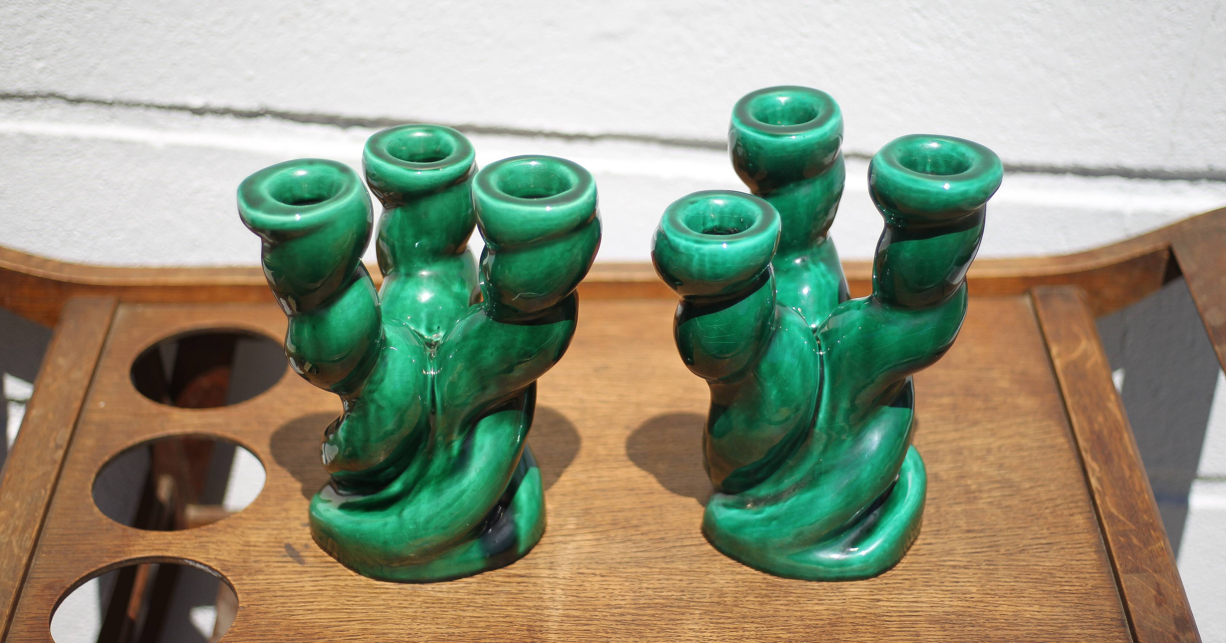 Pair of twisted green ceramic candlesticks, 3-branched candlestick, Vallauris style emerald candelabra
