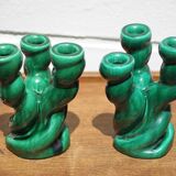 Pair of twisted green ceramic candlesticks, 3-branched candlestick, Vallauris style emerald candelabra
