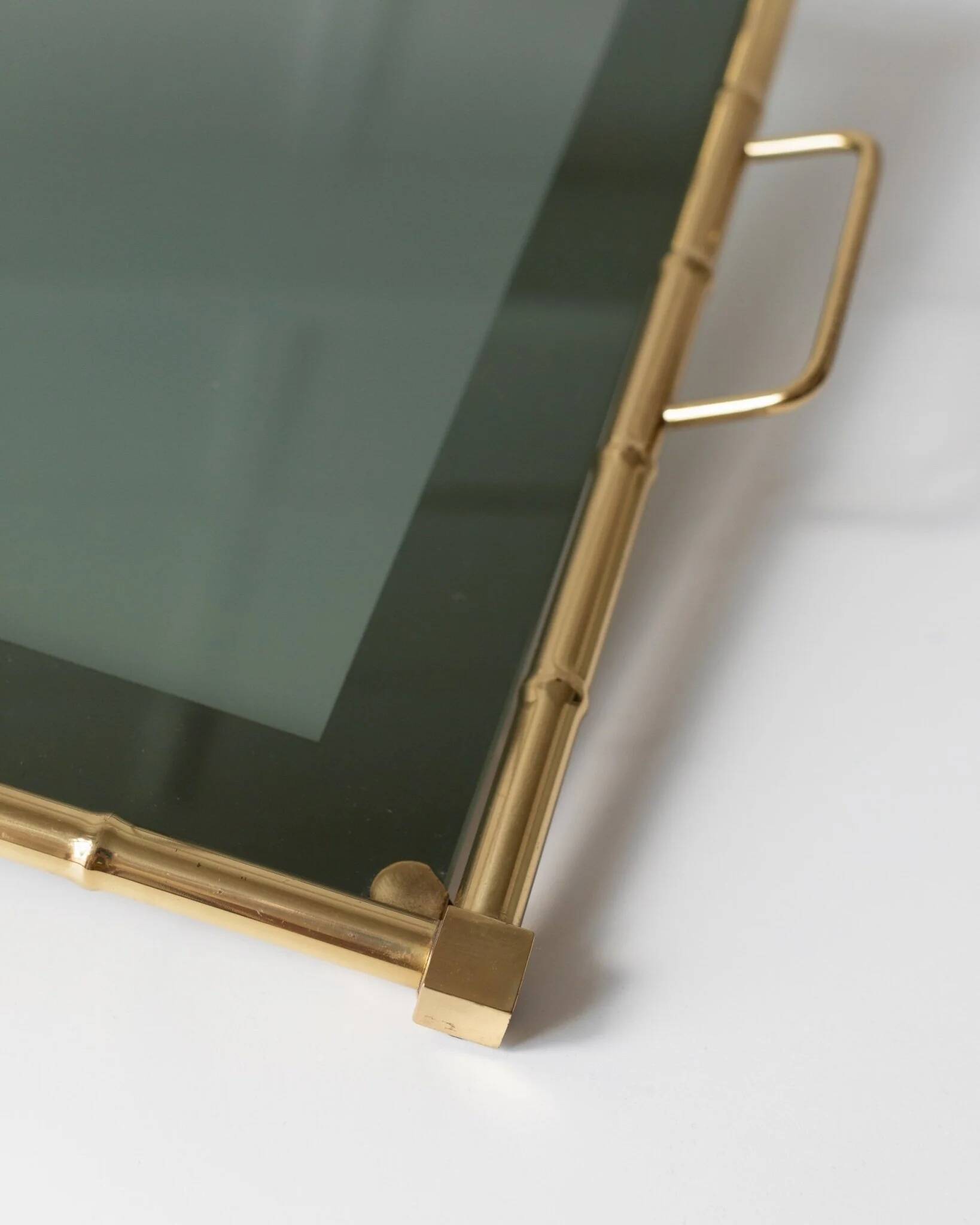 Doré Gold-Plated Bamboo Tray with Smoked Glass Insert – Hollywood Regency, 1960s