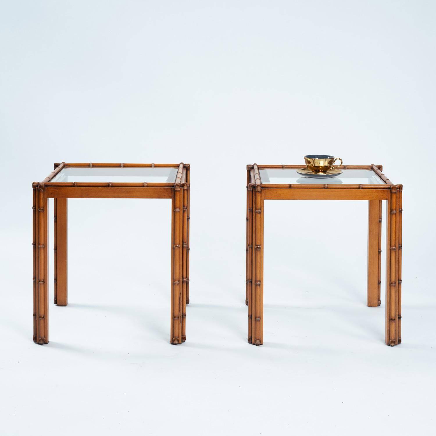 Art Deco Side Table in Carved Oak, Bamboo Style, Cut Glass, Set of 2