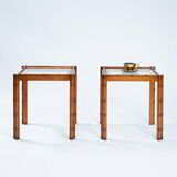 Art Deco Side Table in Carved Oak, Bamboo Style, Cut Glass, Set of 2