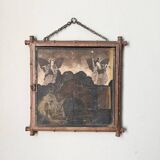 Antique Asian decorative triptych mirror with chain wall decoration in wood.