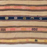 5x8 Cream & Navy Blue Striped Pattern Kilim Rug, 152x234Cm