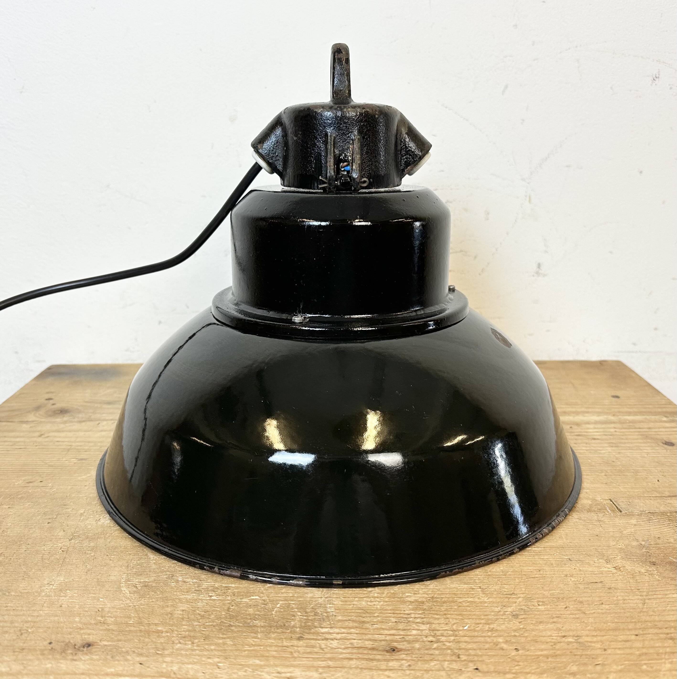 Industrial Black Enamel Factory Lamp with Cast Iron Top, 1960s