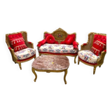 Salon de style Louis XV, artisanal en hêtre rouge et doré en bois d'hêtre