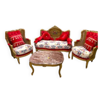 Louis XV style salon, handcrafted in red beech and gilded beech wood.