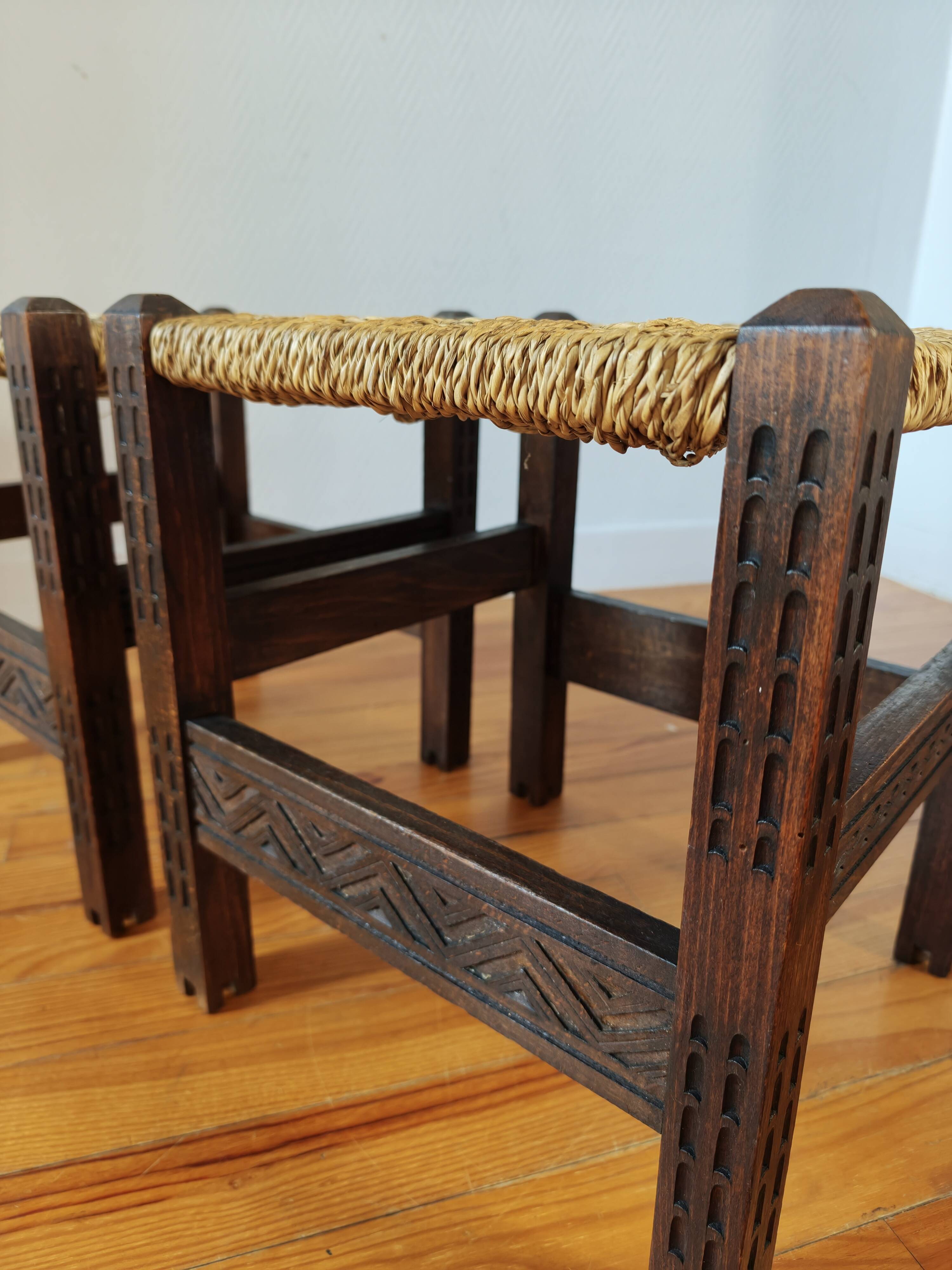 Pair of handcrafted stools from Friuli in carved wood, Italy, circa 1960.