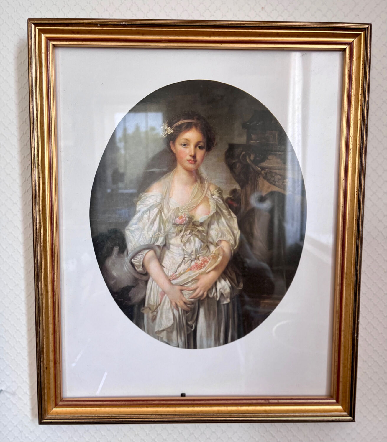 Framed antique print of the broken jug of J.B Greuze