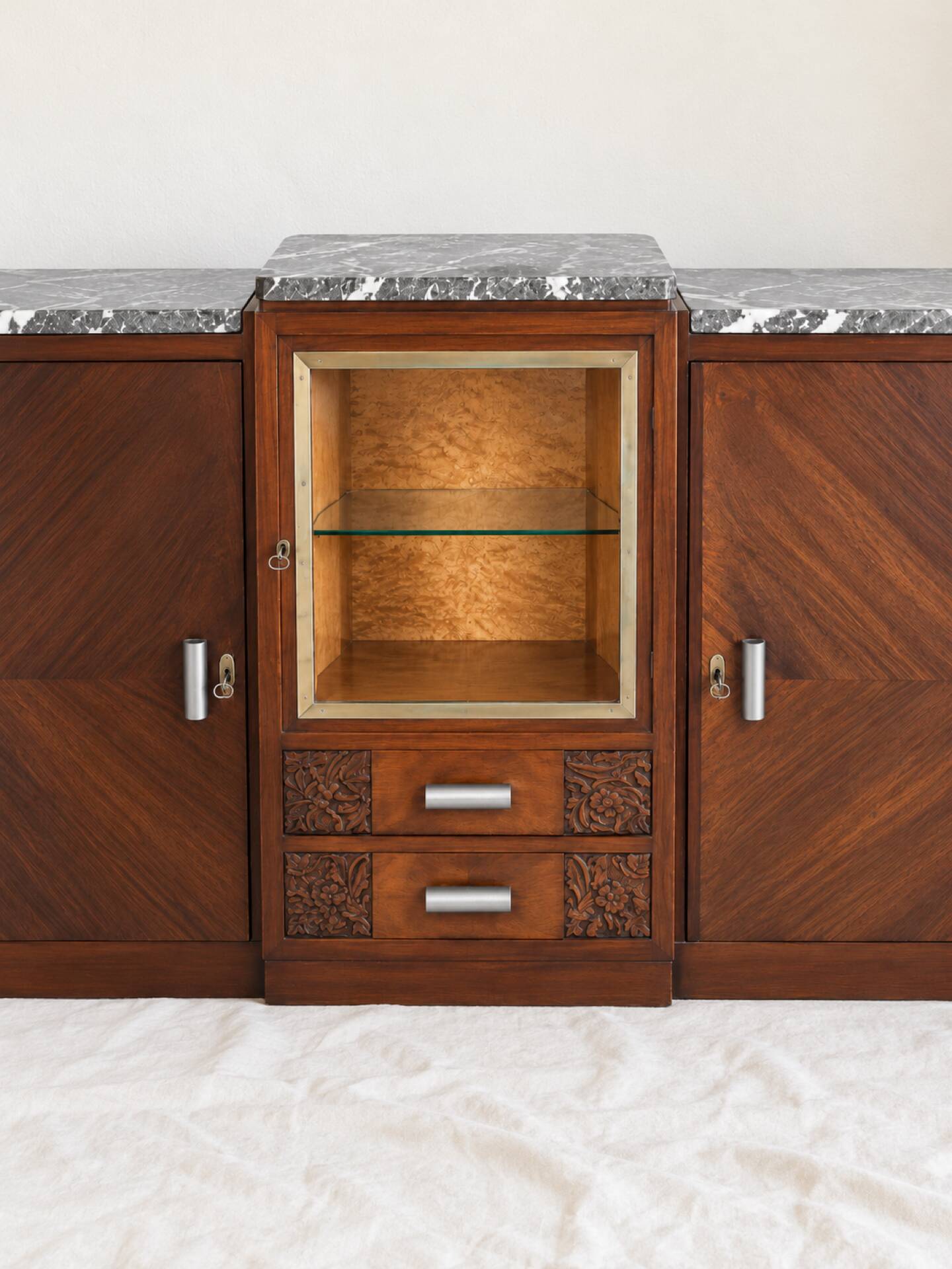 1950s Art Deco sideboard in veined wood, grey marble, and display cabinet.
